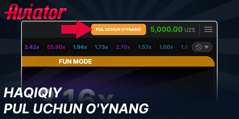 Aviator o'yinida real pul rejimini yoqing